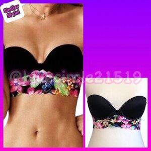 PINK Victoria’s Secret Bra Black with Floral Lace Trim Strapless Bustier 34B